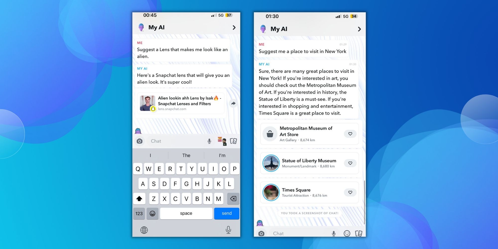 Capture d'écran de My AI de Snapchat suggérant un endroit à visiter 