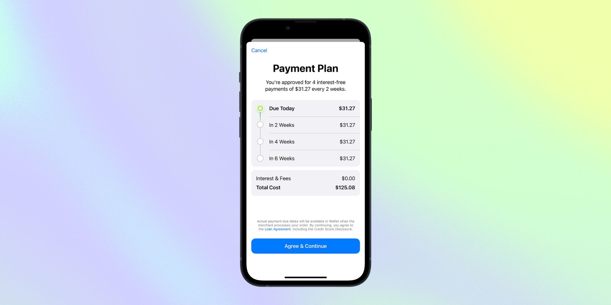 capture d'écran de l'écran de gestion du plan de paiement d'Apple Pay Later sur un fond dégradé