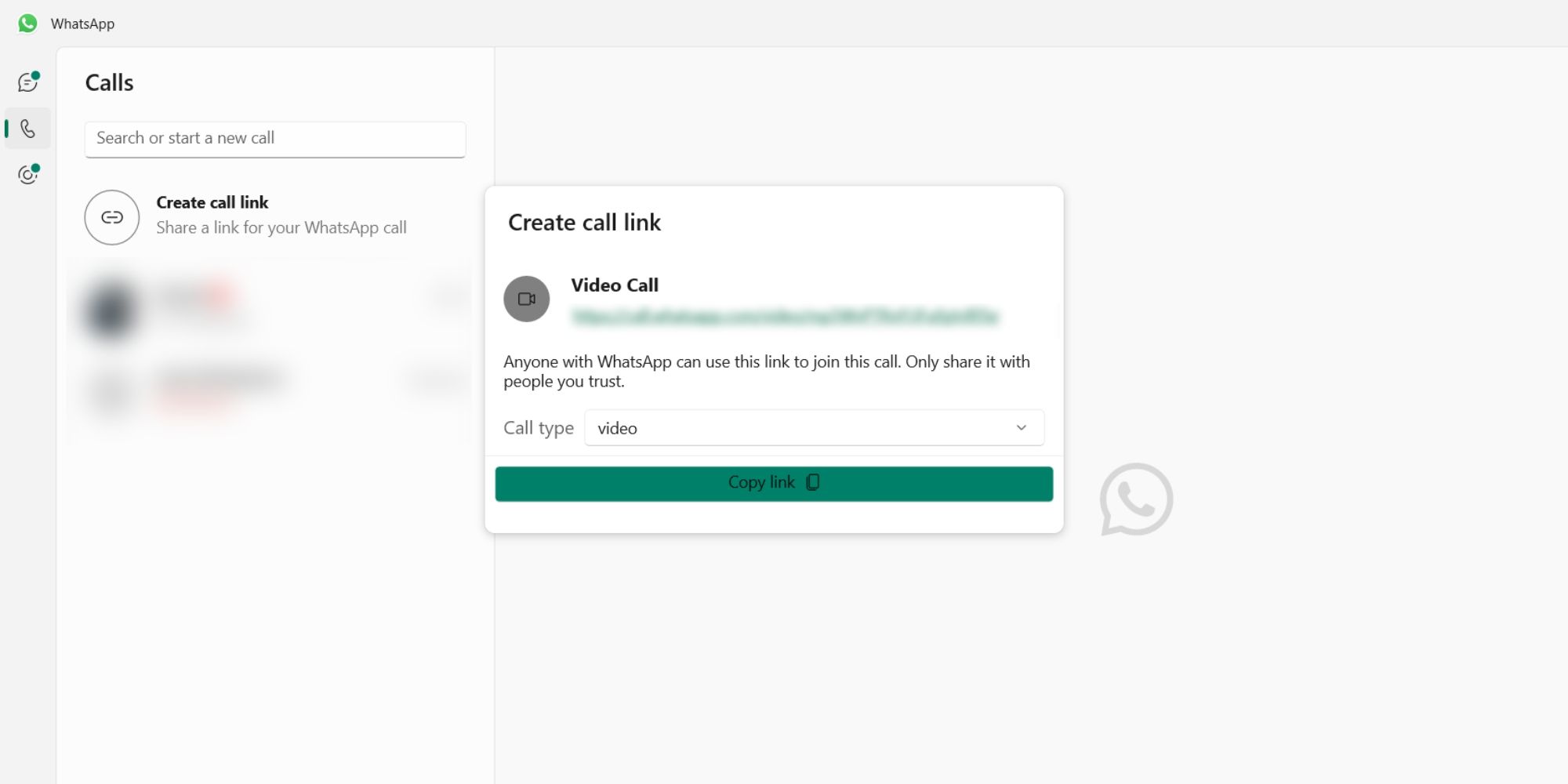 capture d'écran de l'option d'appel vidéo sur WhatsApp pour Windows