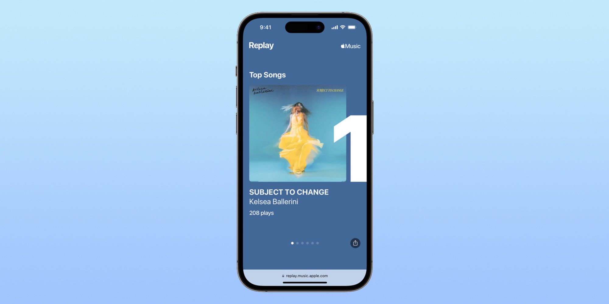 Client Web d'Apple Music Replay affichant la meilleure chanson d'un utilisateur sur iPhone 14 Pro.