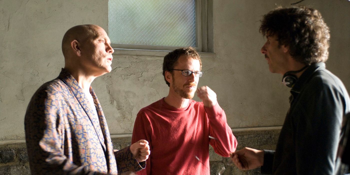 John Malkovich, Ethan Coen et Joel Coen sur le tournage de Burn After Reading (2008)