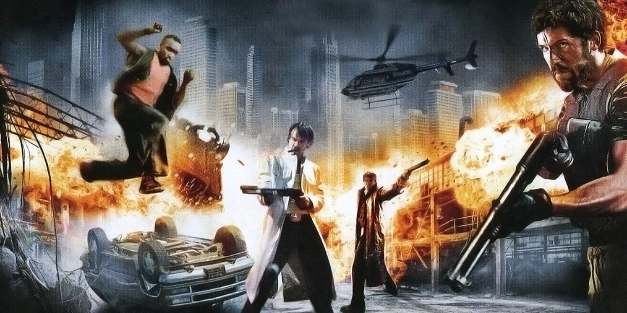 Une toile de fond de personnages avec des armes à feu parmi des explosions dans The Tournament