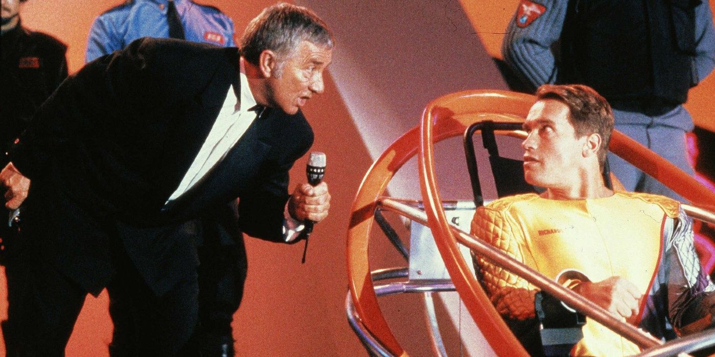 Arnold Schwarzenegger dans le rôle de Ben Richards dans un jeu télévisé dans The Running Man 
