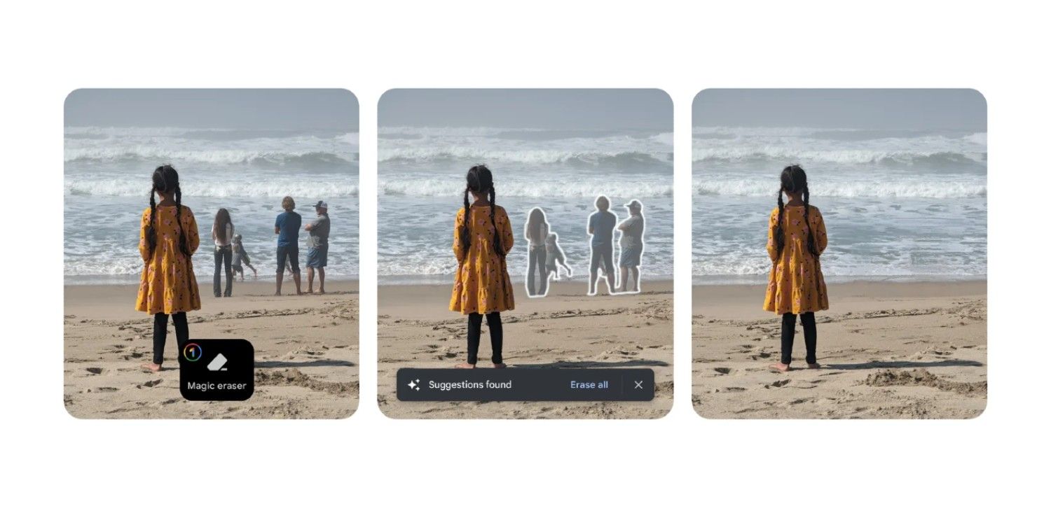 Exemple de l'outil Magic Eraser de Google montrant des personnes d'arrière-plan supprimées d'une photo d'une jeune fille sur la plage