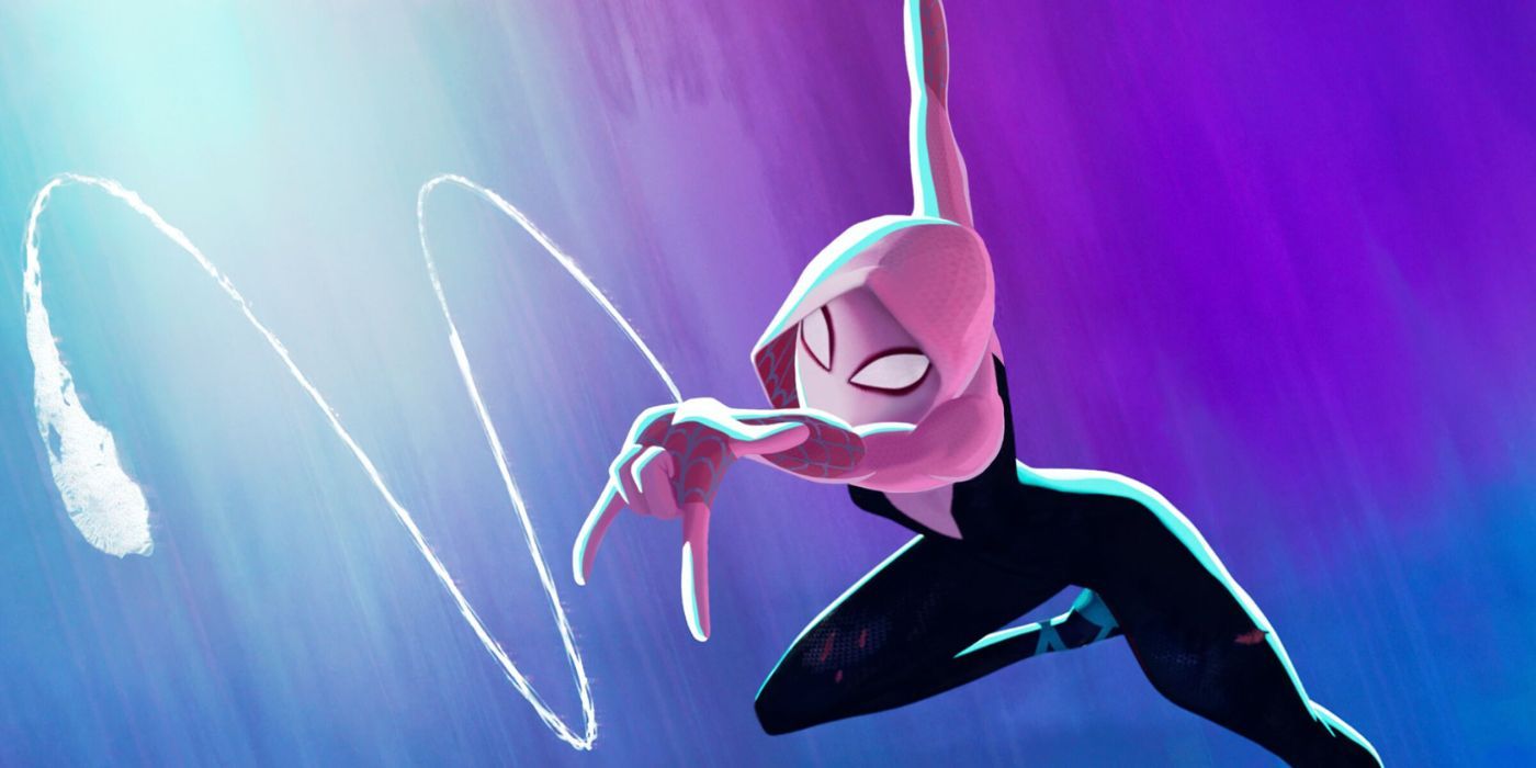 Gwen tirant sur une toile alors qu'elle se balance dans les airs dans Spider-Man: Across the Spider-Verse