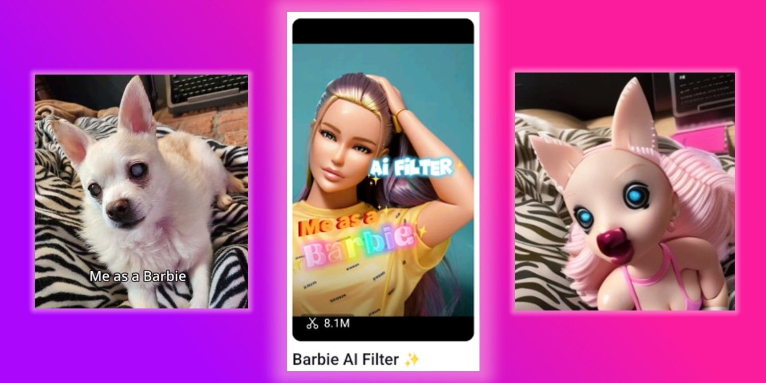 Le modèle Barbie AI Filter sur capcut (au centre), avec des photos avant et après sur un chien (gauche et droite)