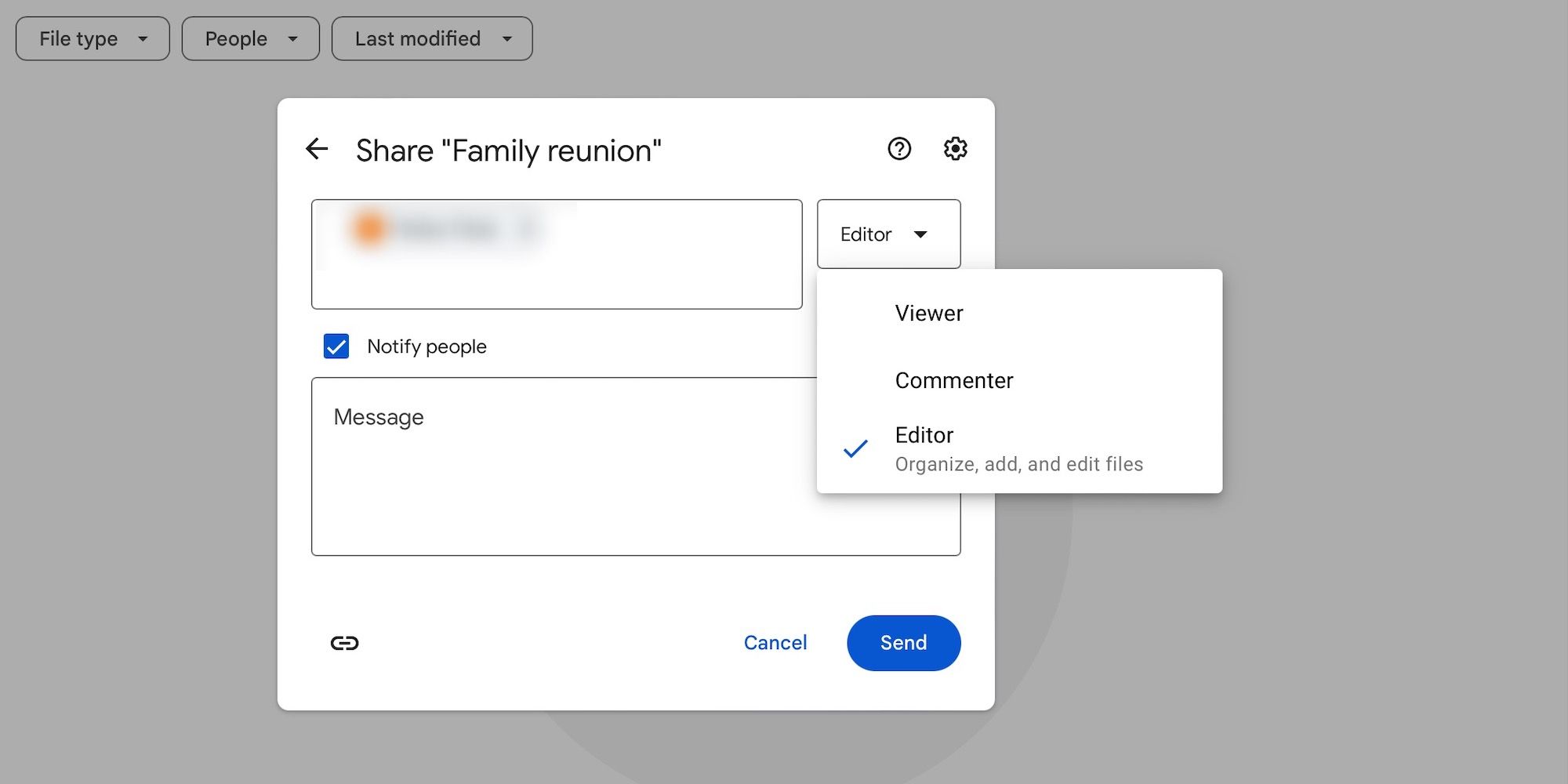 Options de partage de dossier Google Drive