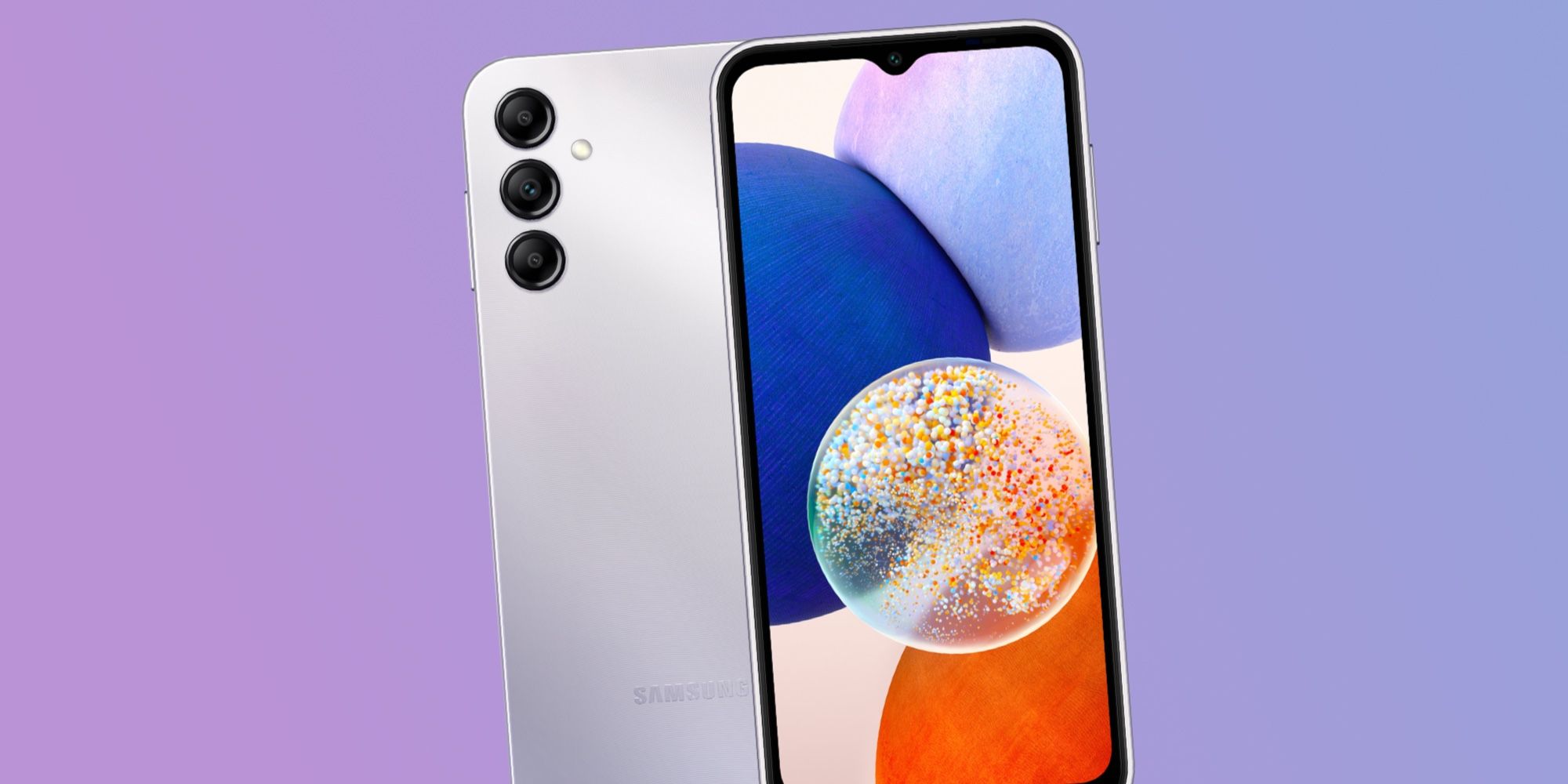 Samsung Galaxy A14 5G en argent sur fond dégradé violet