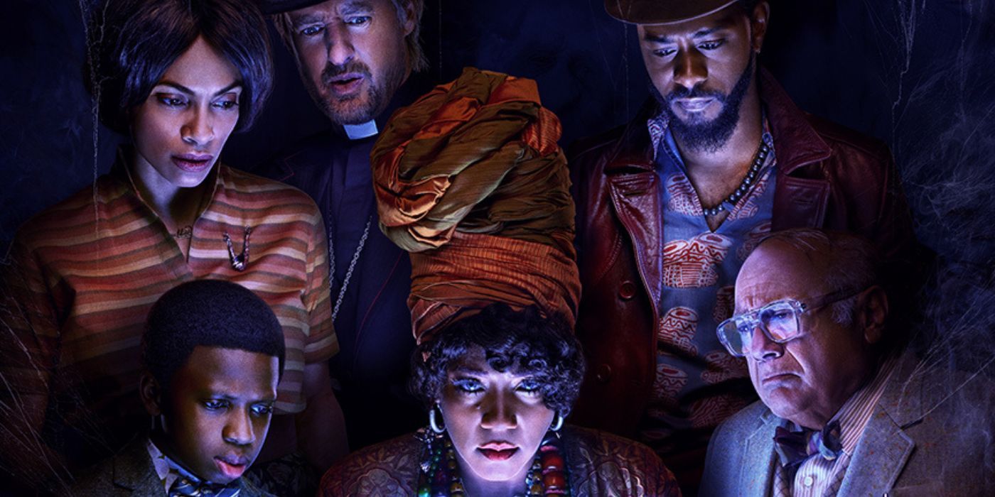 Rosario Dawson, Owen Wilson, LaKeith Stanfield, Chase W. Dillon, Tiffany Haddish et Danny DeVito sur l'affiche de Haunted Mansion