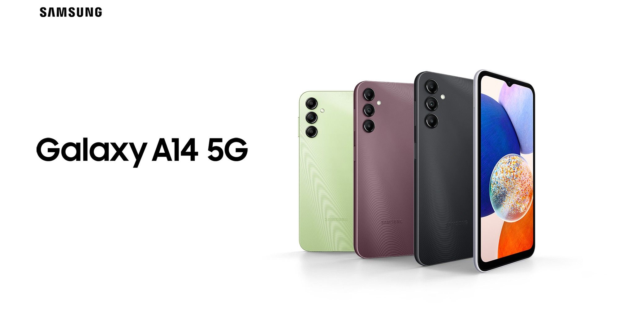 Une photo montrant le Galaxy A14 5G en vert, rouge foncé et noir