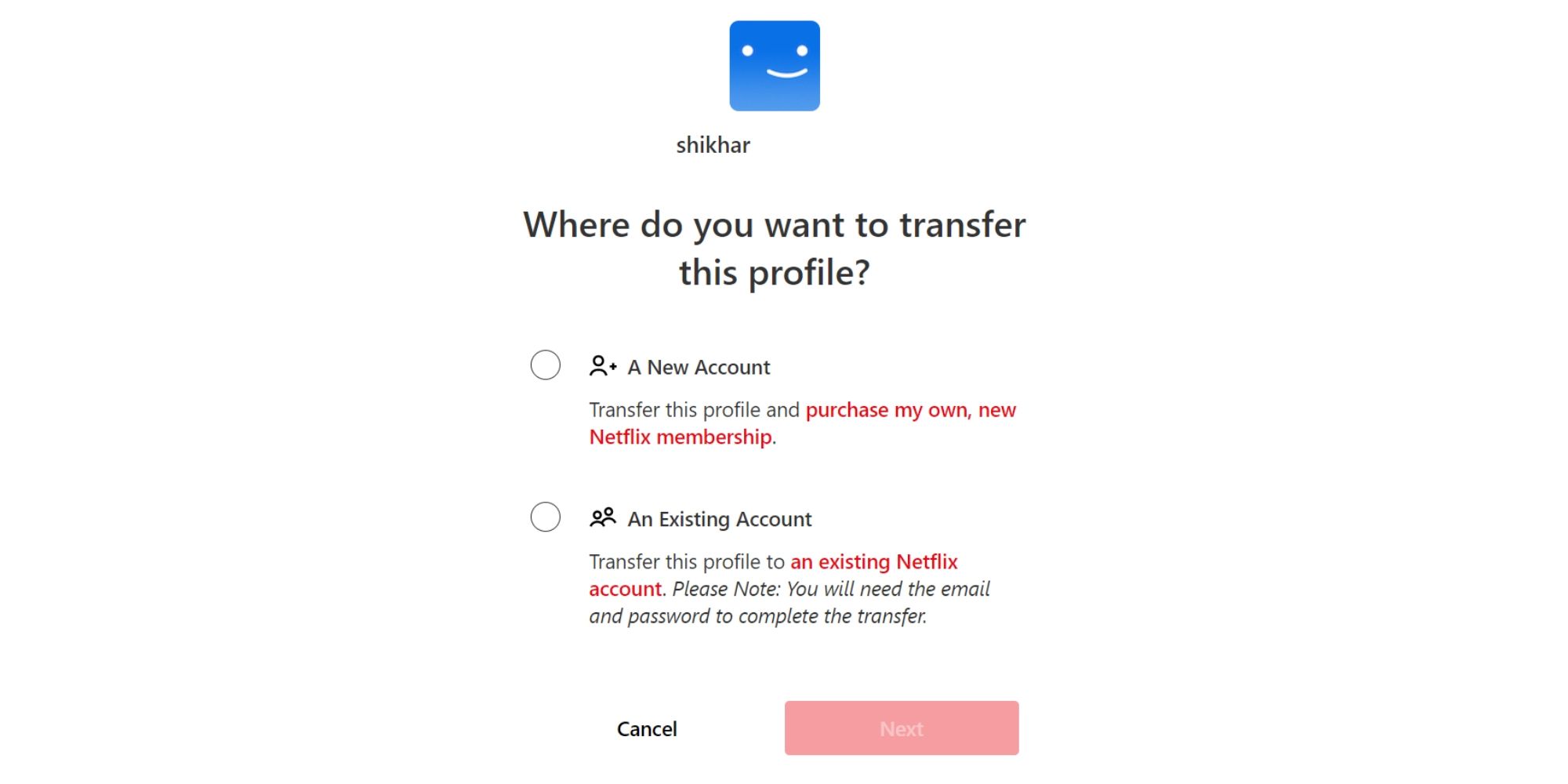 Capture d'écran de l'écran de transfert de profil Netflix