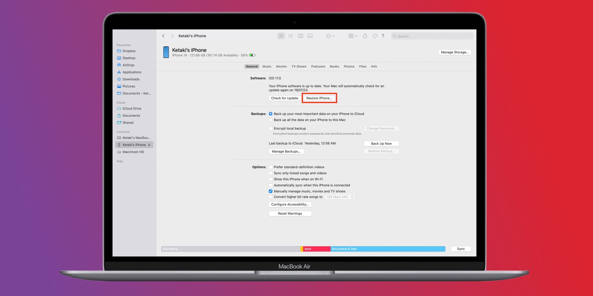 Option de restauration iPhone sur Mac