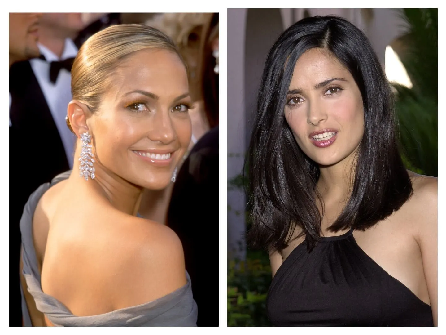 Jennifer Lopez porte une robe grise et se tourne vers la caméra. Salma Hayek porte une robe noire.