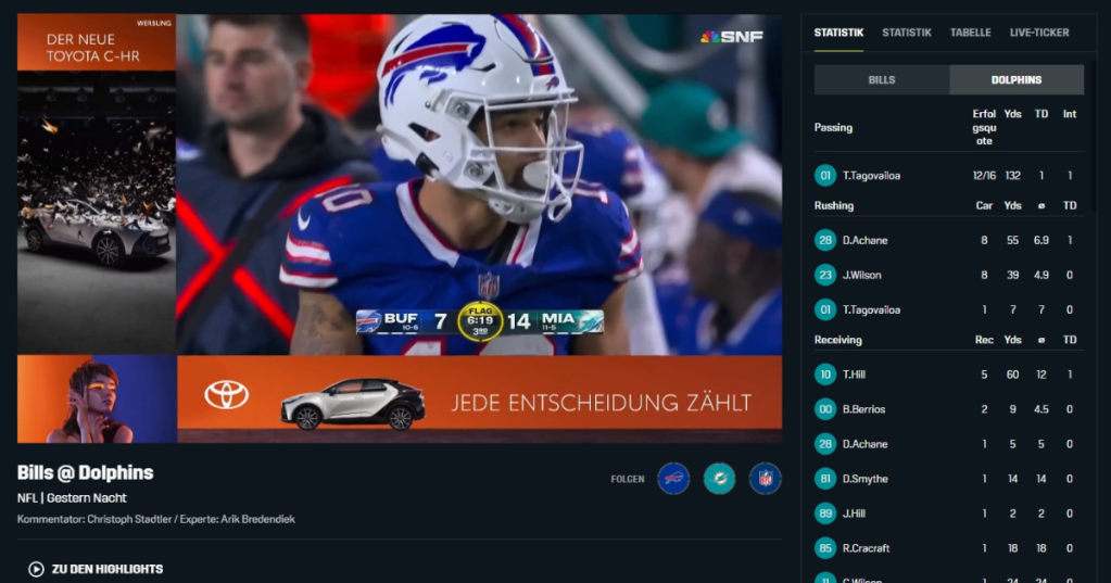 Un écran de passe de jeu de la NFL en allemand