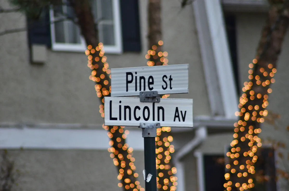 Les panneaux de signalisation indiquant Pine Street et Lincoln Ave se trouvent devant des arbres couverts de lumières de Noël.